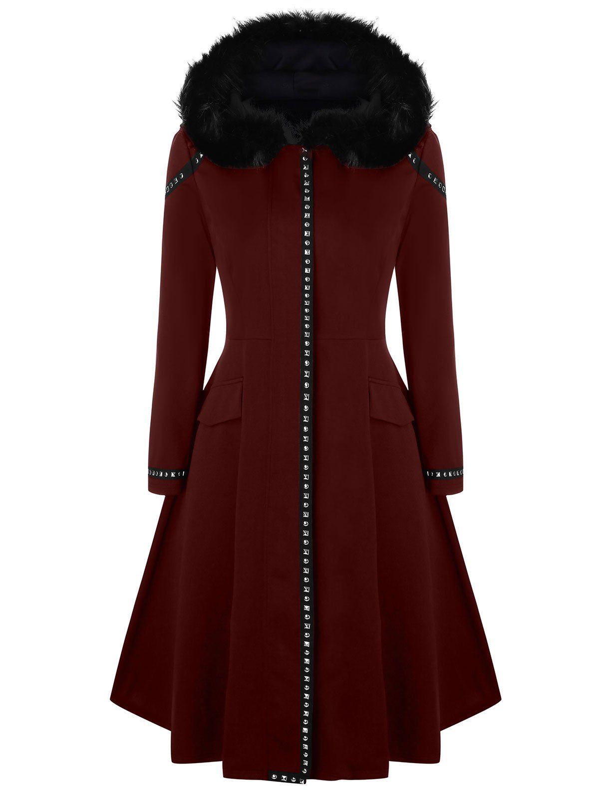 

Plus Size Studded Hooded Longline Coat, Red wine