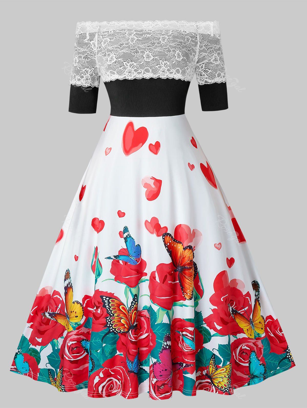 

Plus Size Vintage Off Shoulder Floral Butterfly Print Flare Dress, Black