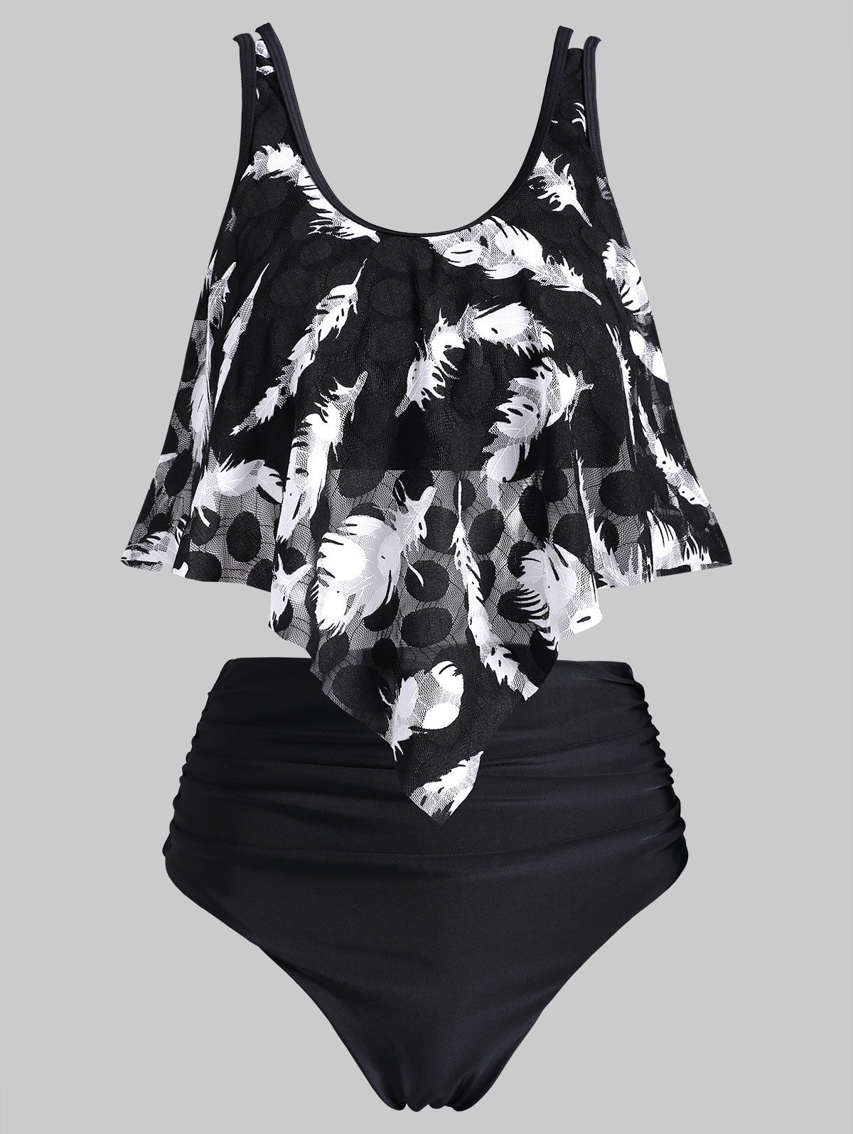 

Feather Mesh Overlay Ruched Tankini Swimsuit, Black