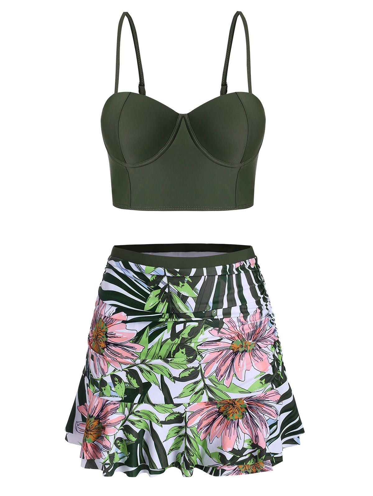 

Floral Leaf Push Up Skirted Tankini Swimsuit, Fern green