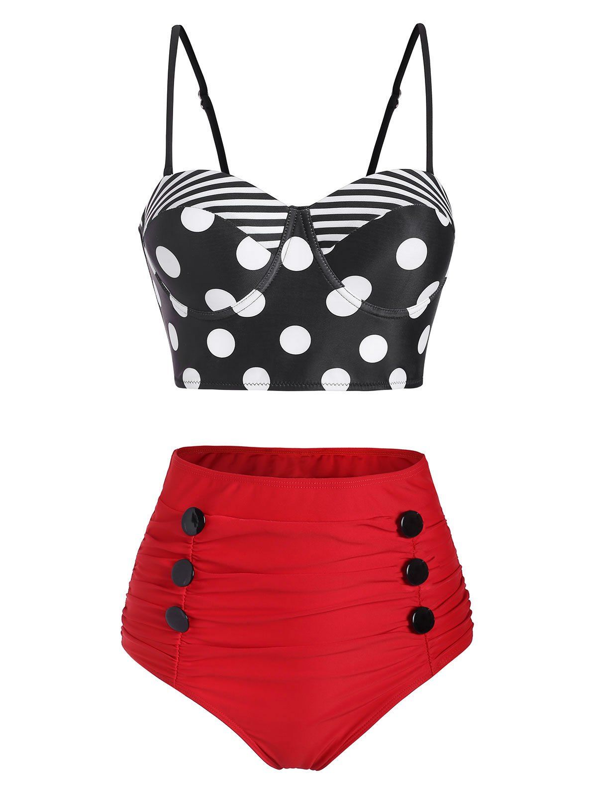 

Polka Dot Striped Mock Button High Waisted Tankini Swimwear, Red wine