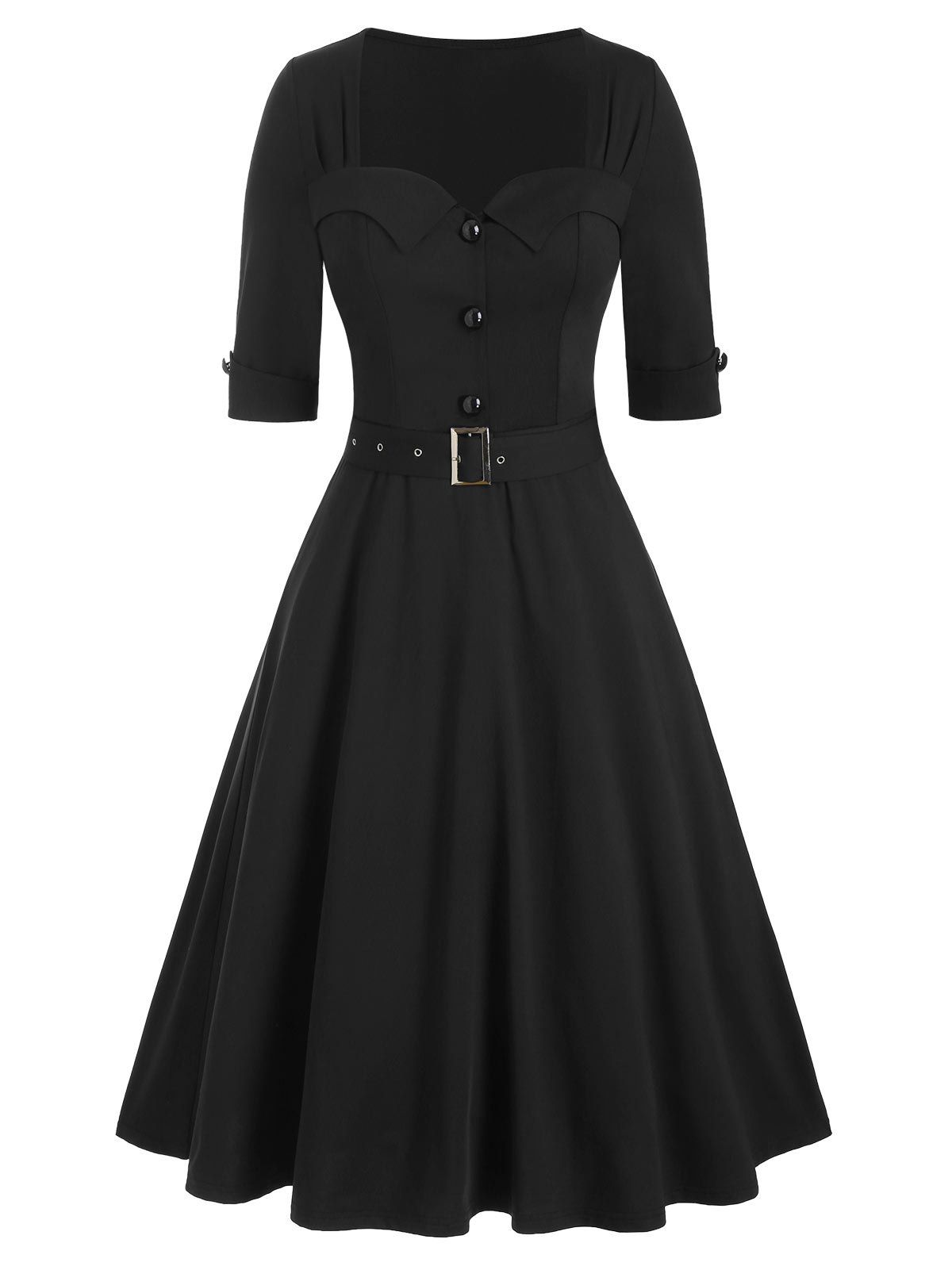

Half Button Belted Vintage Flare Dress, Black