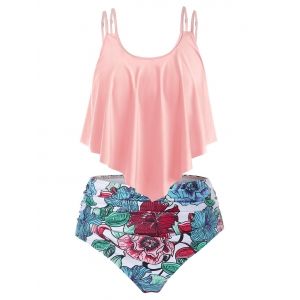 

Plus Size Floral Print Ruffle Tankini Swimsuit, Light pink