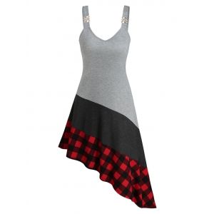 

Asymmetric Plaid Print Contrast Sleeveless Dress, Light gray