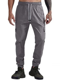 Solid Color Pocket Casual Jogger Pants - GRAY - S