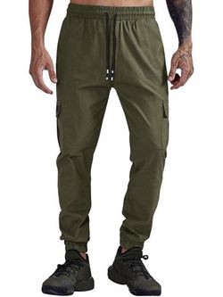 Solid Color Pocket Casual Jogger Pants - ARMY GREEN - XS