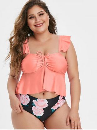 Plus Size Floral Print Ruched High Waist Peplum Tankini Swimsuit