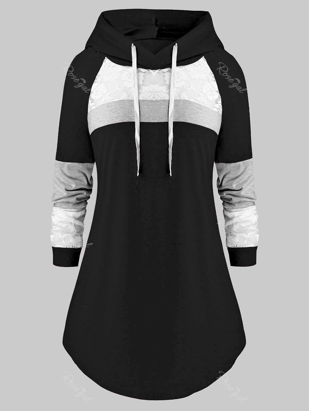 

Plus Size Lace Panel Hooded Color-blocking Curved Tunic Tee, Black