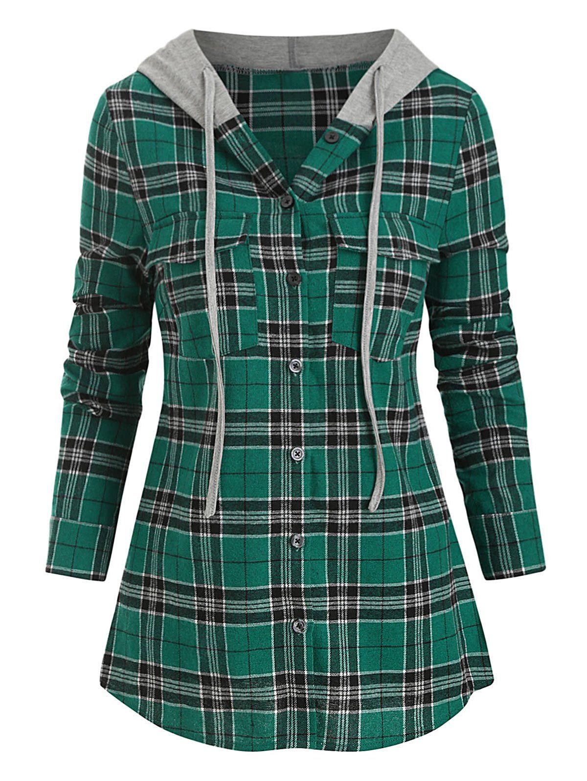 

Plaid Print Double Pocket Hooded Shirt, Sea green