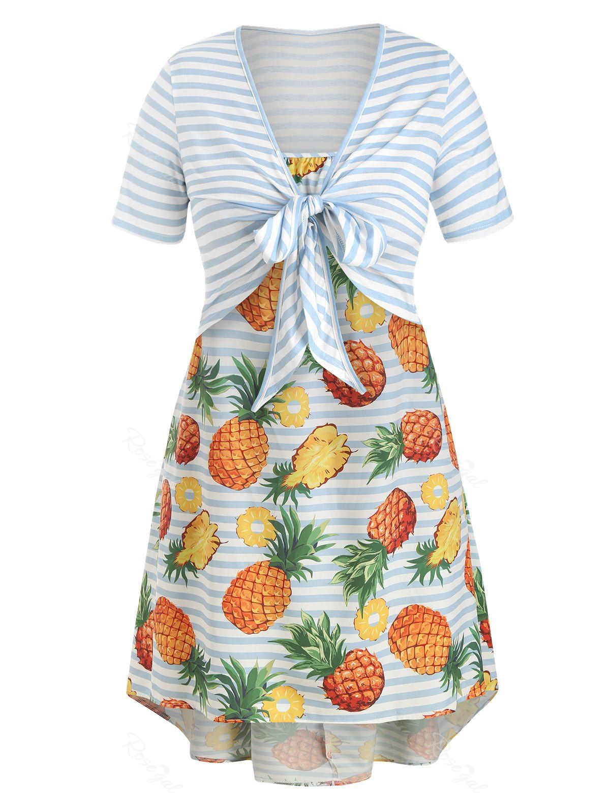 

Plus Size Stripe Tied Top And Pineapple Print Cami Dress Set, Sea blue