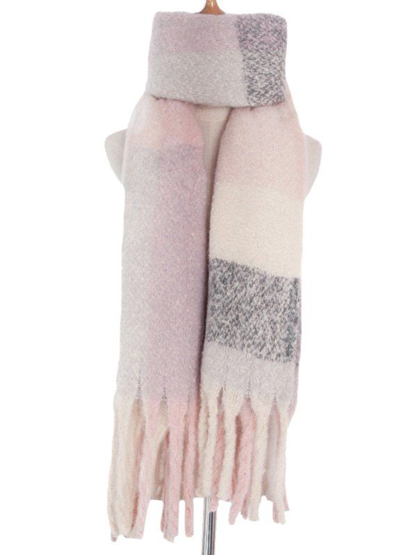 

Checkered Spliced Tassel Wrap Scarf, Sakura pink