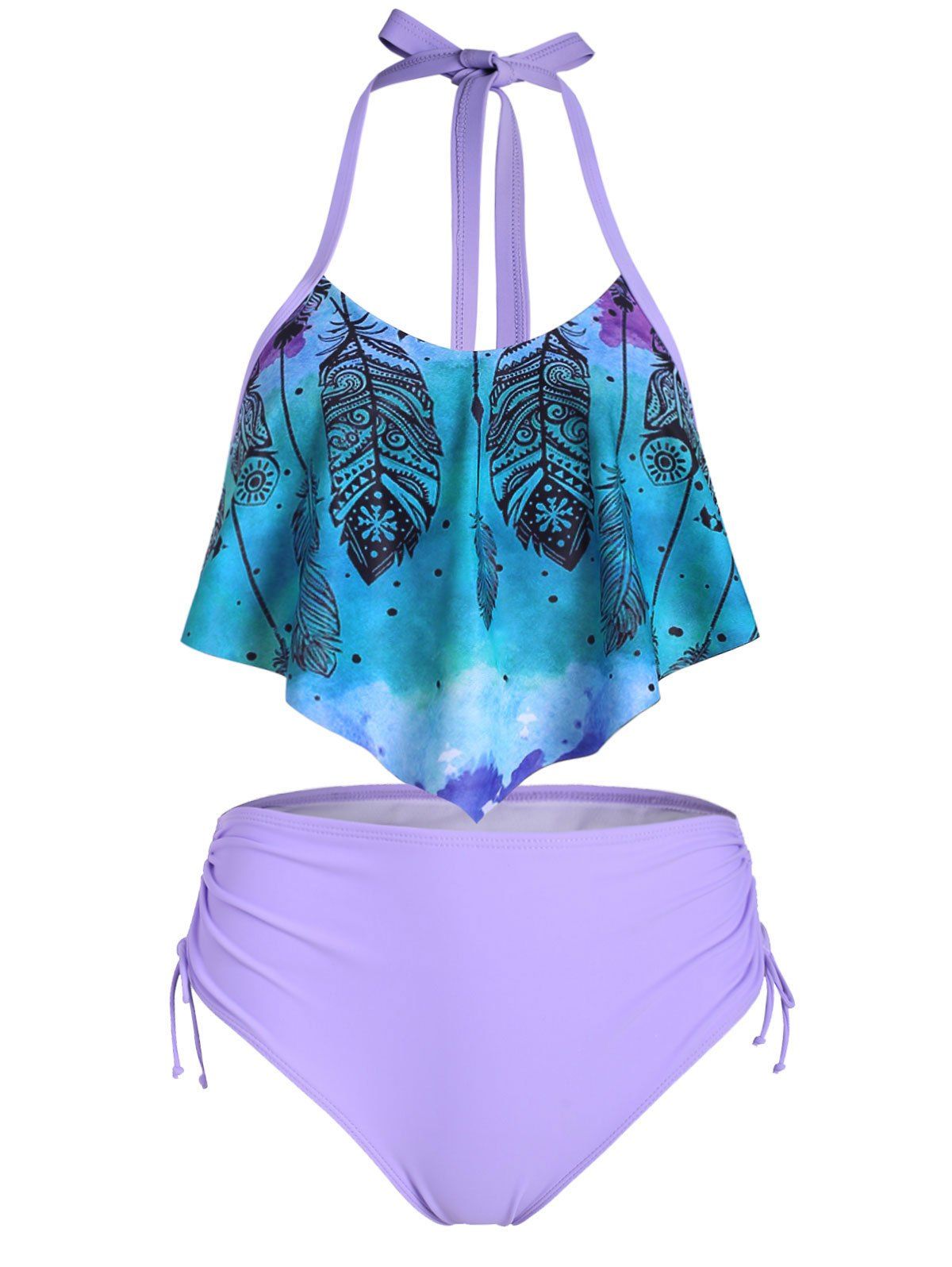

Feather Print Cinched Overlay Tankini Set, Mauve