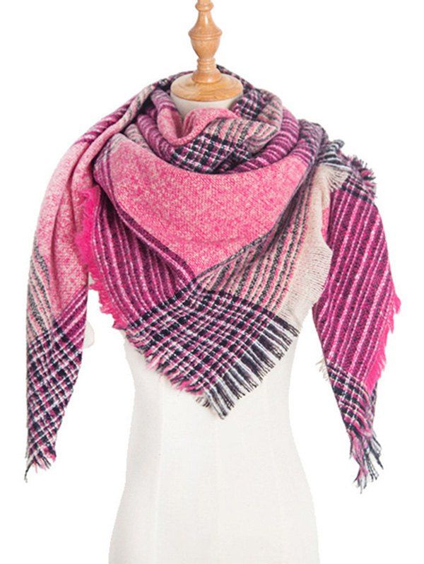 

Plaid Fringed Square Wrap Scarf, Watermelon pink