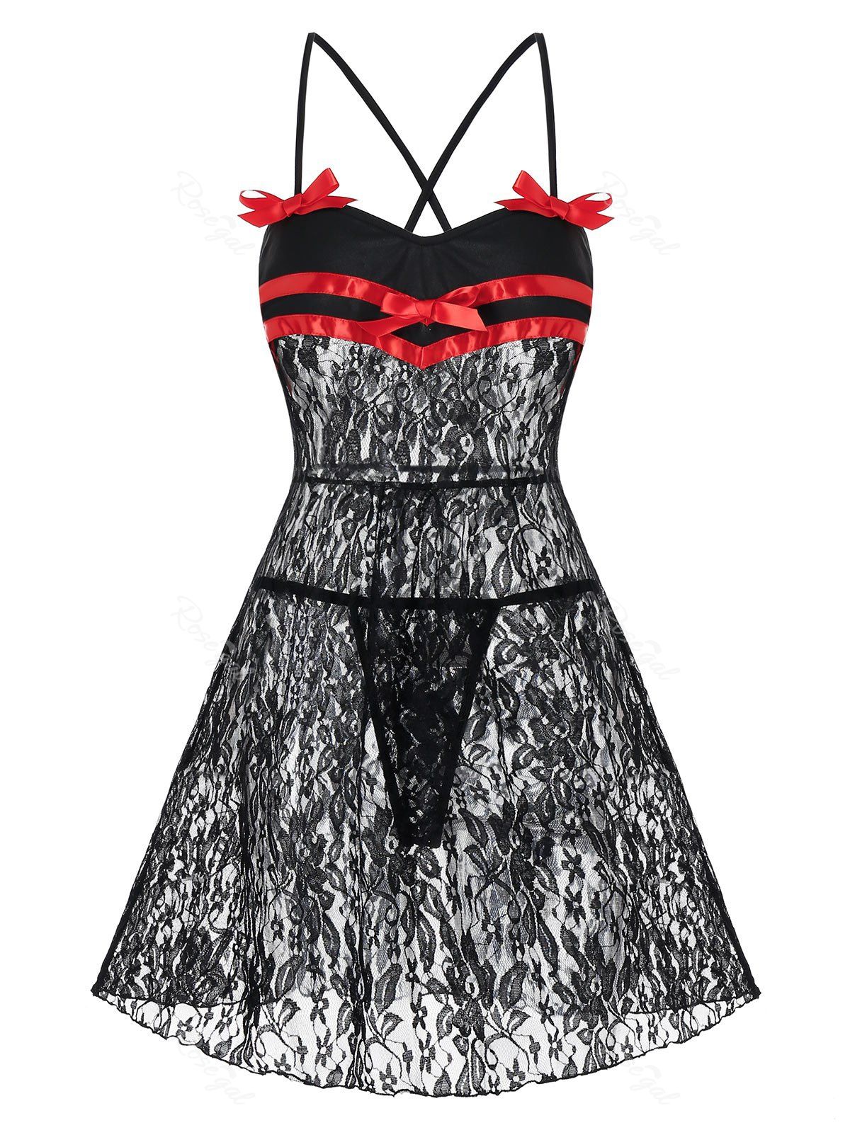 

Plus Size Lace Bowknot See Thru Cross Cami Babydoll, Black