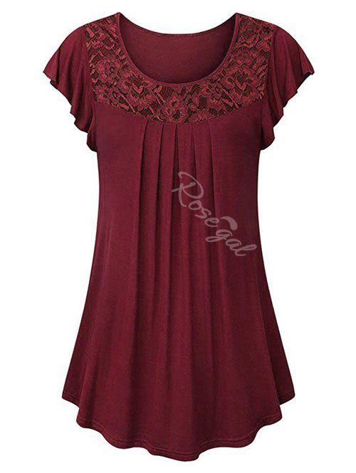 

Plus Size Flutter Sleeve Lace Panel T Shirt, Red wine