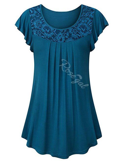 

Plus Size Flutter Sleeve Lace Panel T Shirt, Peacock blue