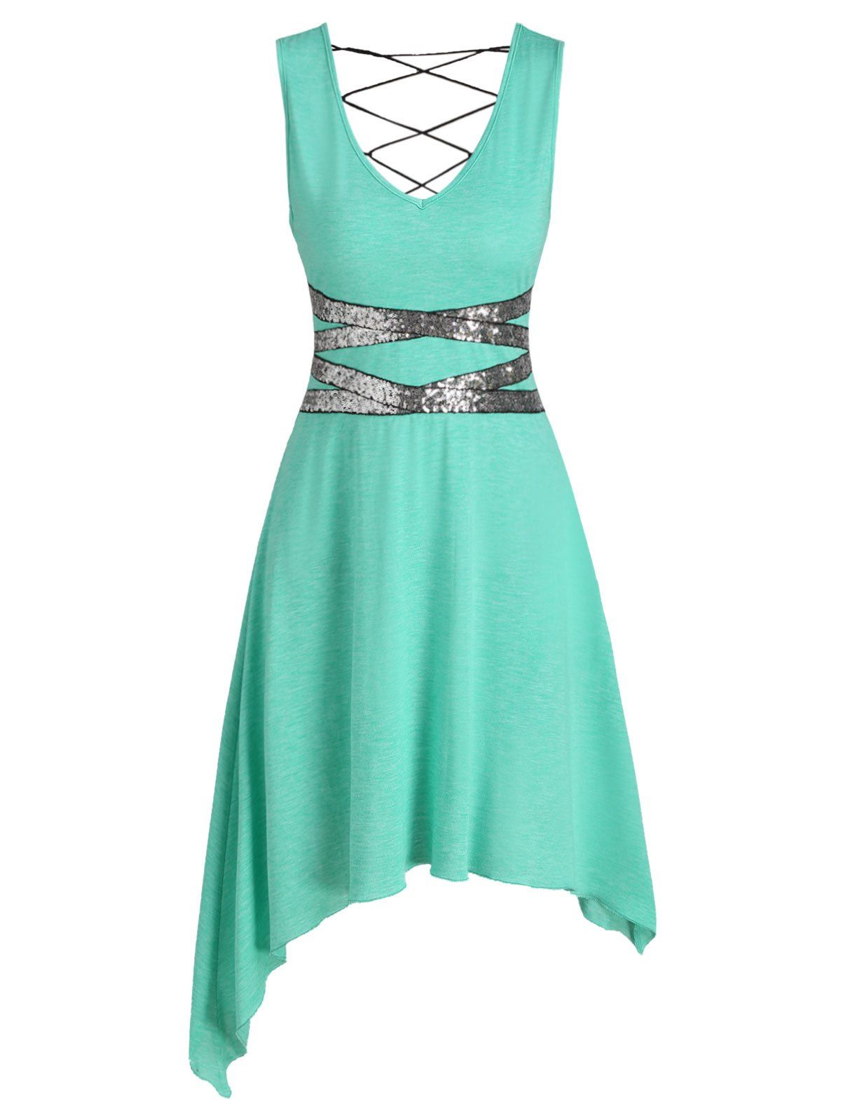 

Sequin Panel Lace-up Sleeveless Asymmetric Dress, Aquamarine