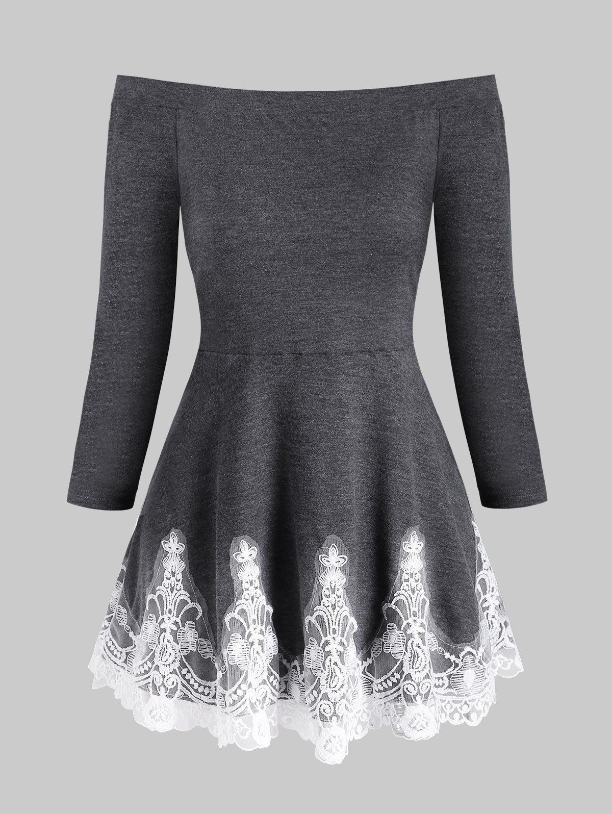 

Two Tone Lace Panel Off Shoulder T-shirt, Gray