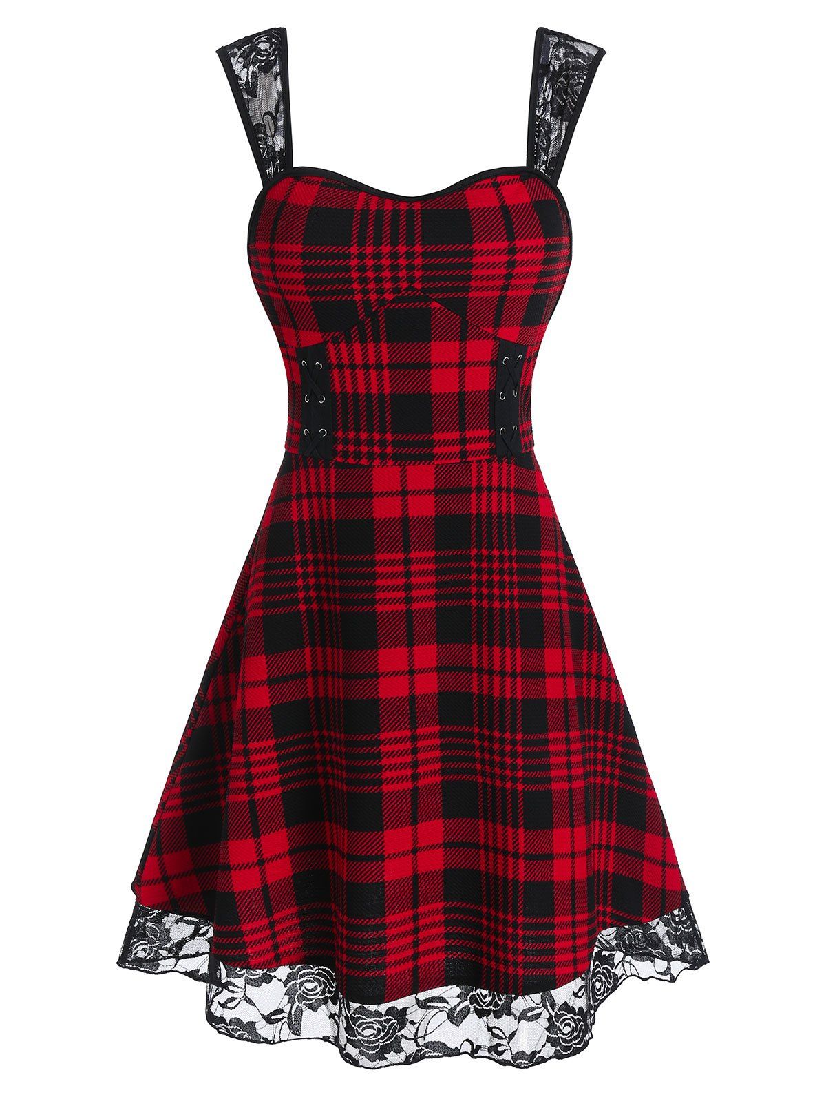 

Tartan Print Lace Panel Cami Vintage Dress, Multi-a