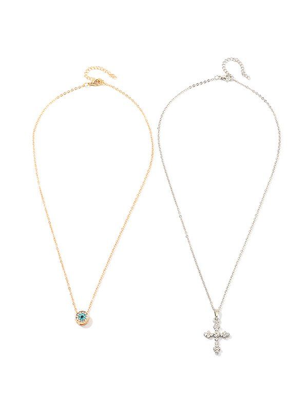 

2Pcs Round Cross Rhinestone Pendant Necklace Set, Gold