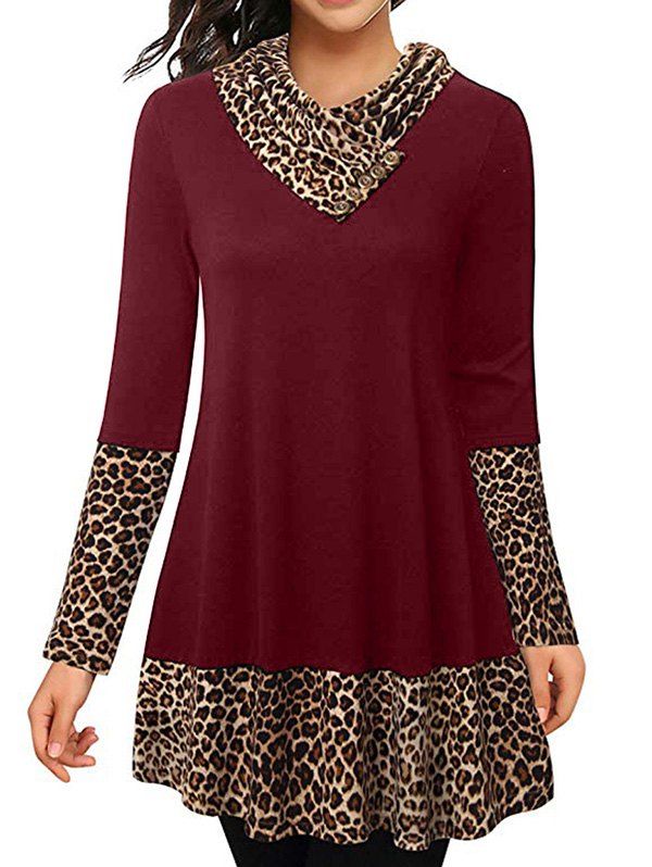 

Cowl Neck Leopard Long Sleeve Top, Red wine