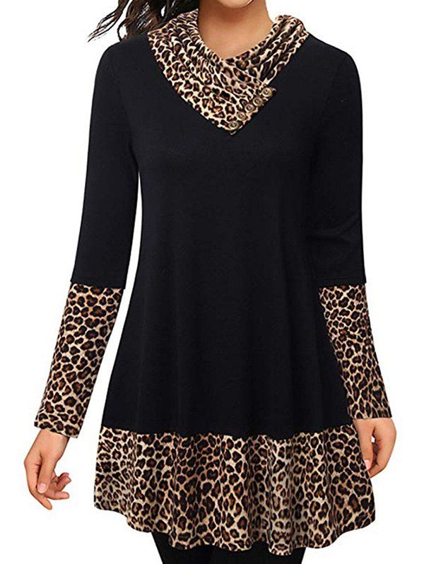

Cowl Neck Leopard Long Sleeve Top, Black