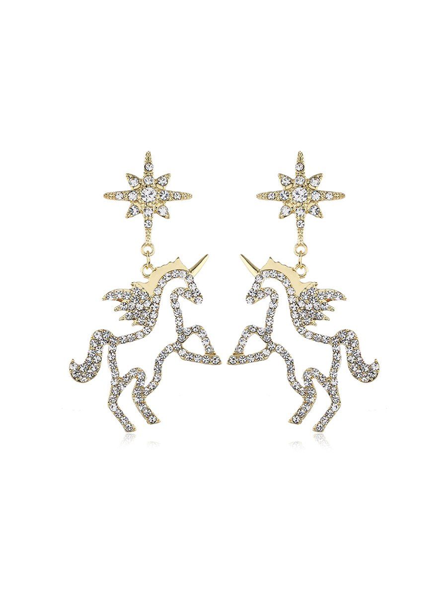 

Hollow Out Rhinestone Unicorn Horse Drop Earrings, Gold