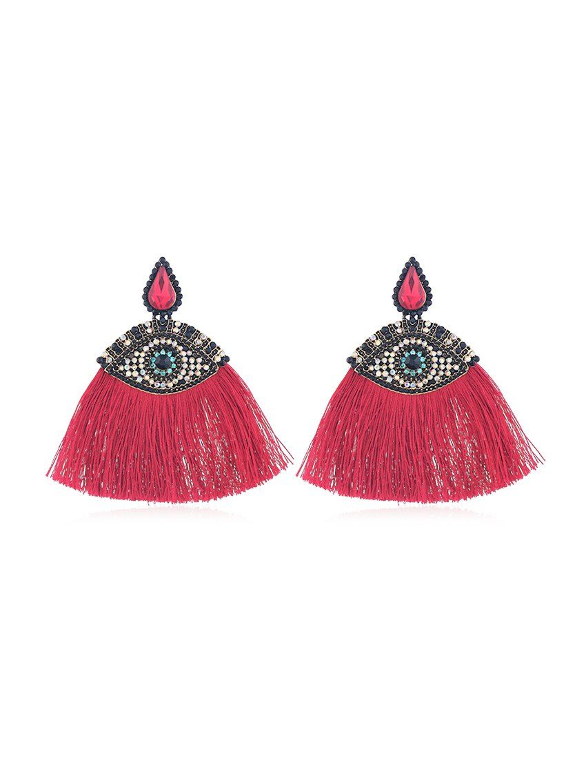 

Eye Shape Rhinestone Fringe Earrings, Red