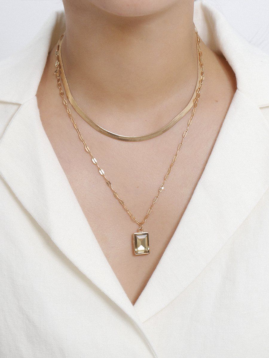 

Faux Diamond Snake Chain Double Layer Necklace, Gold