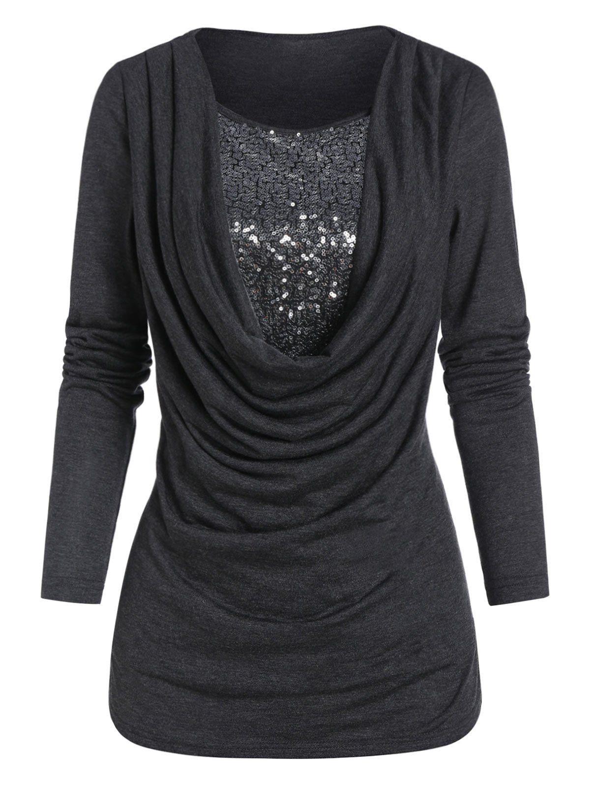 

Cowl Front Sequin Panel Long Sleeve T Shirt, Carbon gray