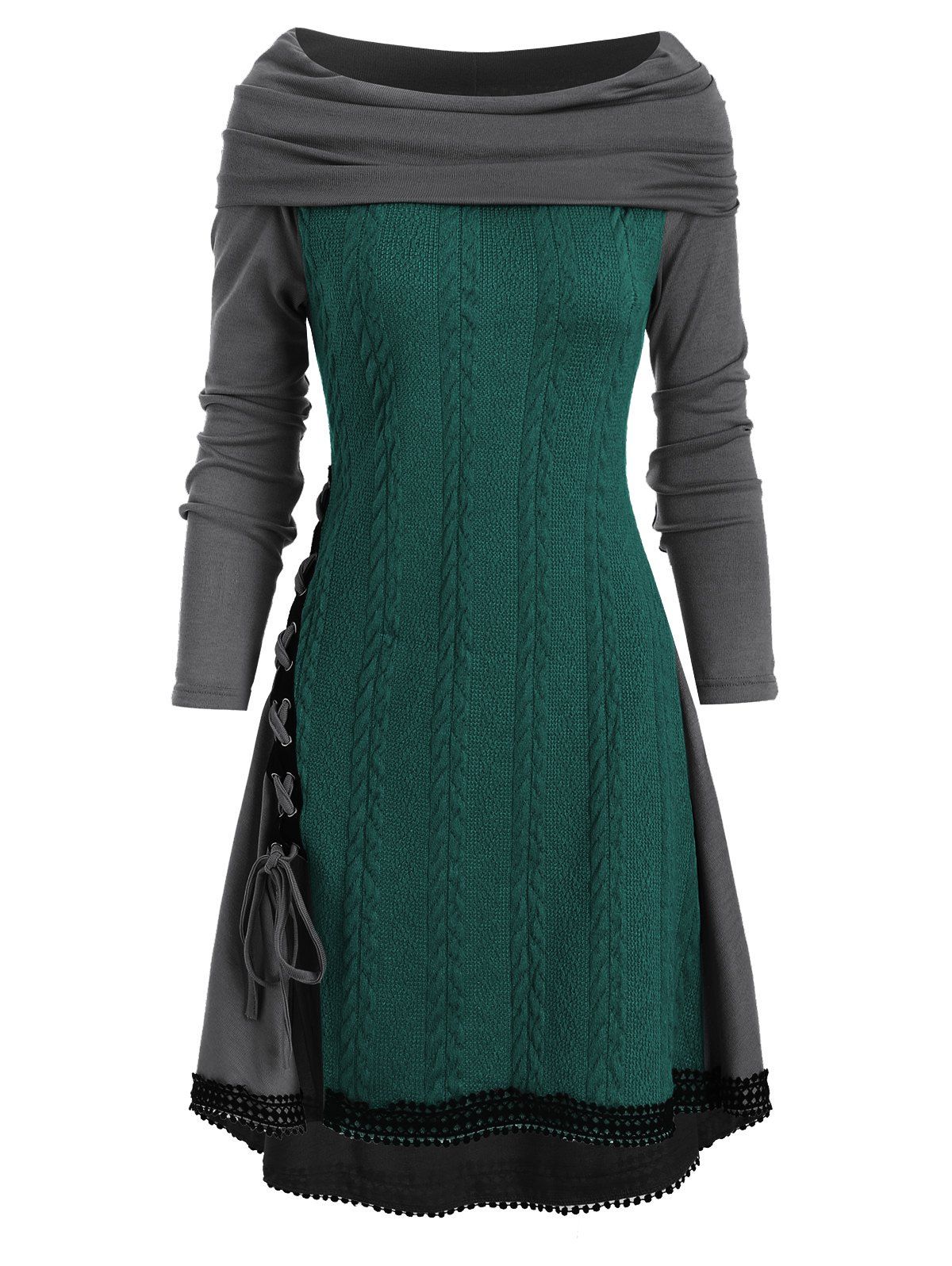 

Lace Up Cowl Neck Guipure Insert Longline Knitwear, Greenish blue