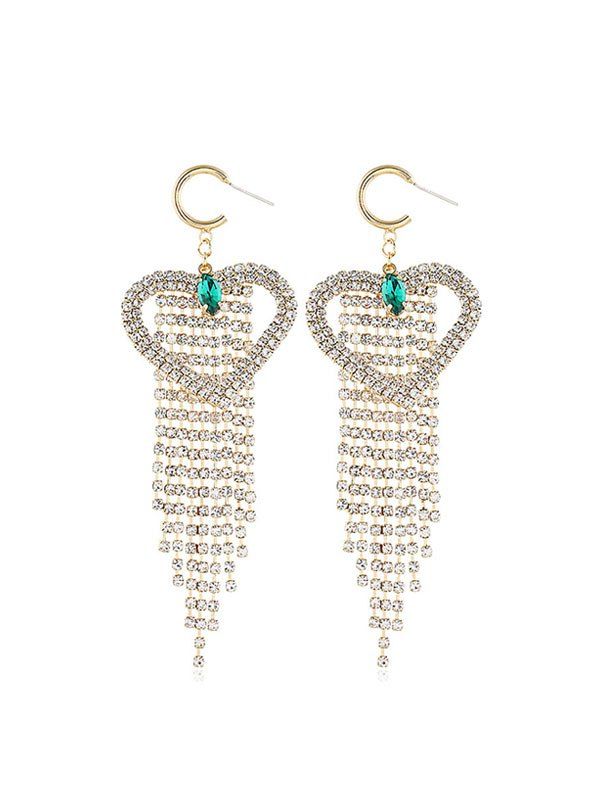 

Hollow Heart Rhinestone Fringe Earrings, Gold