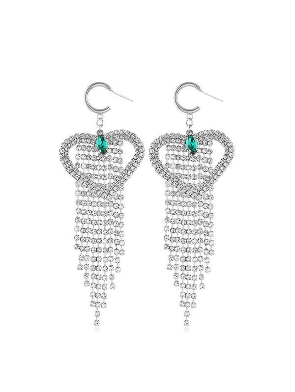 

Hollow Heart Rhinestone Fringe Earrings, Silver