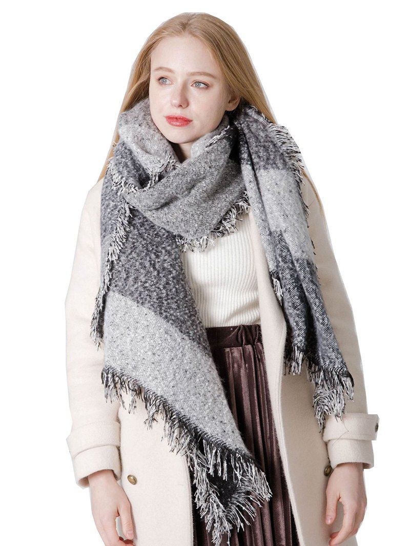 

Winter Plaid Big Fringed Long Scarf, Gray cloud