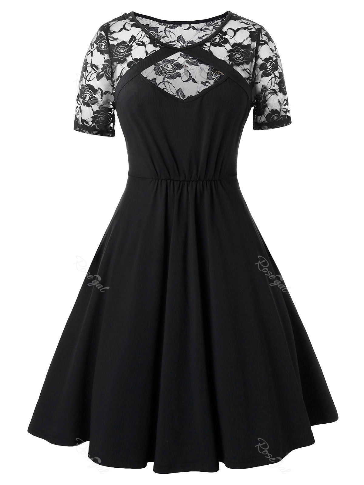

Plus Size Lace Panel See Thru Cutout A Line Dress, Black
