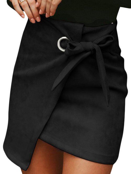 

Belted Faux Suede Asymmetrical Skirt, Black