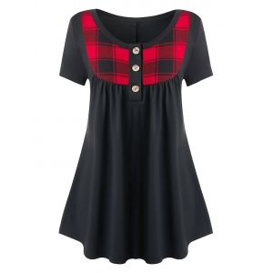 

Plus Size Bowknot Plaid Henley T Shirt, Black