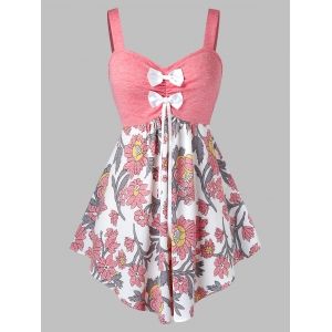 

Plus Size Flower Print Bowknot Backless Curved Tank Top, Flamingo pink