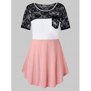 

Plus Size Color Blocking Lace Panel Sheer Tunic Tee, Orange pink