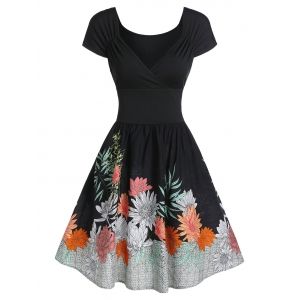 

Ruched Floral Print Fit and Flare Dress, Black