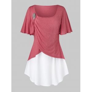 

Plus Size Two Tone Flutter Sleeve Ruched T Shirt, Light coral