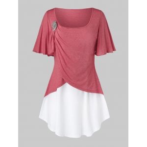 

Plus Size Two Tone Flutter Sleeve Ruched T Shirt, Light coral