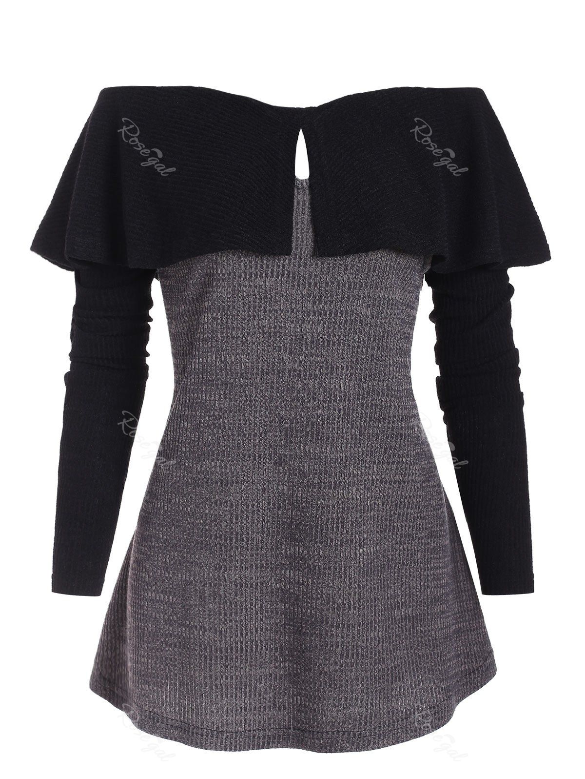 

Plus Size Two Tone Foldover Boat Neck Knitwear, Gray