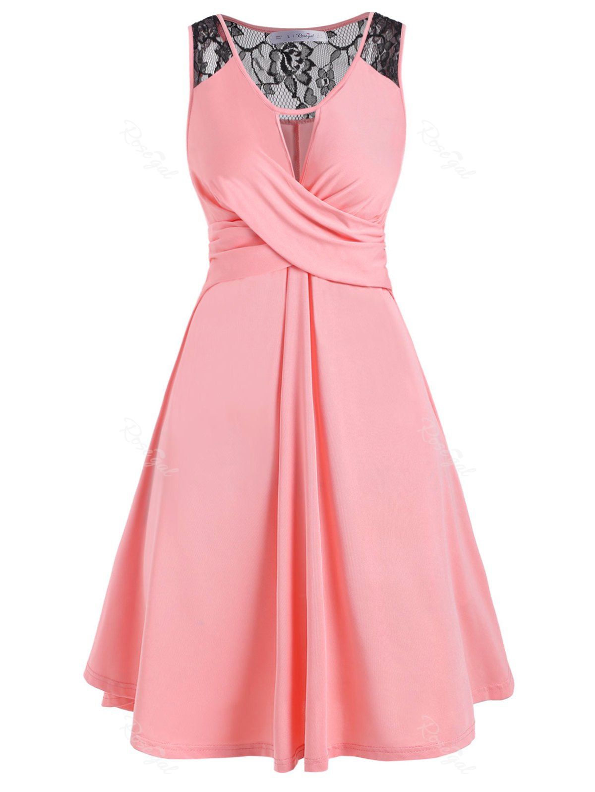 

Plus Size Keyhole Crossover Lace Insert Dress, Pink