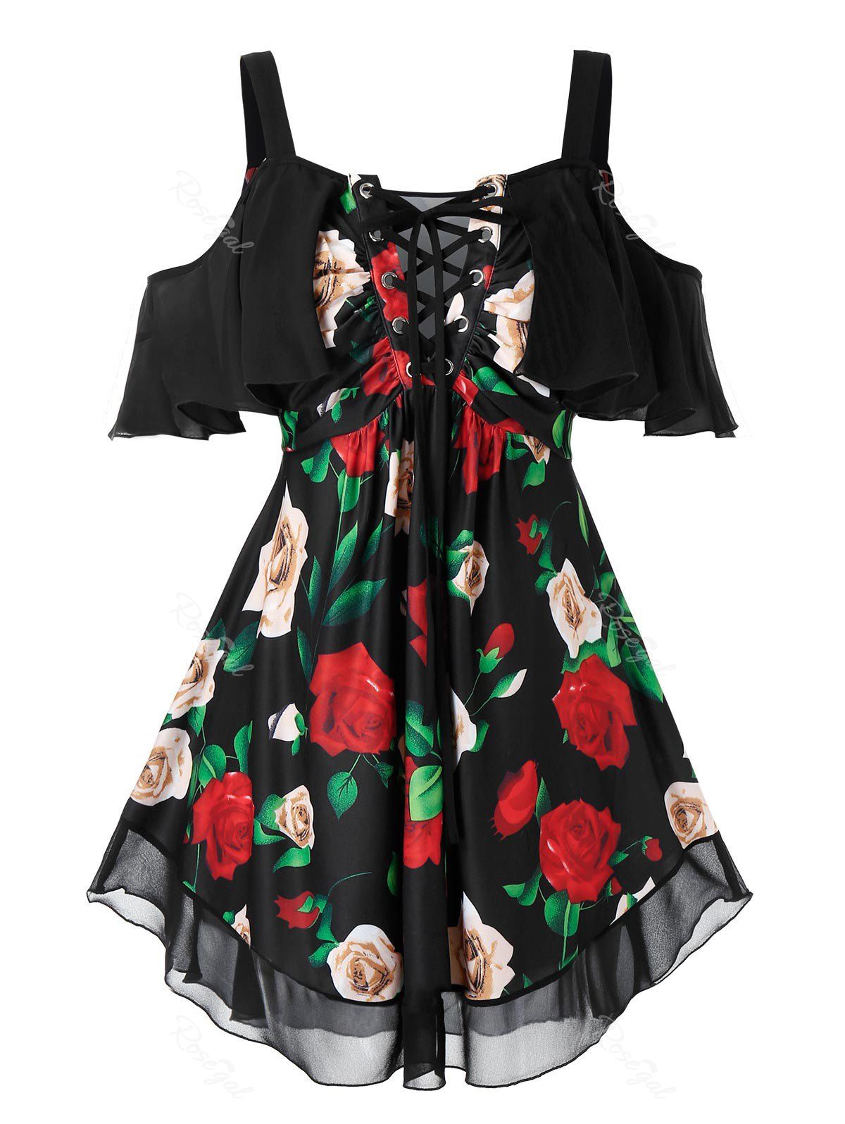 

Plus Size Lace Up Cold Shoulder Floral T Shirt, Black