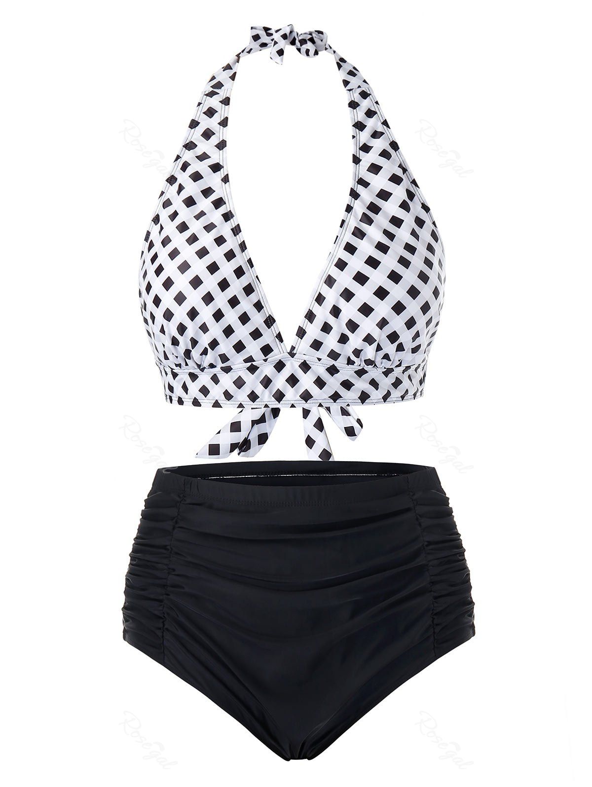 

Plus Size Halter Plaid Ruched Tankini Swimsuit, Multi