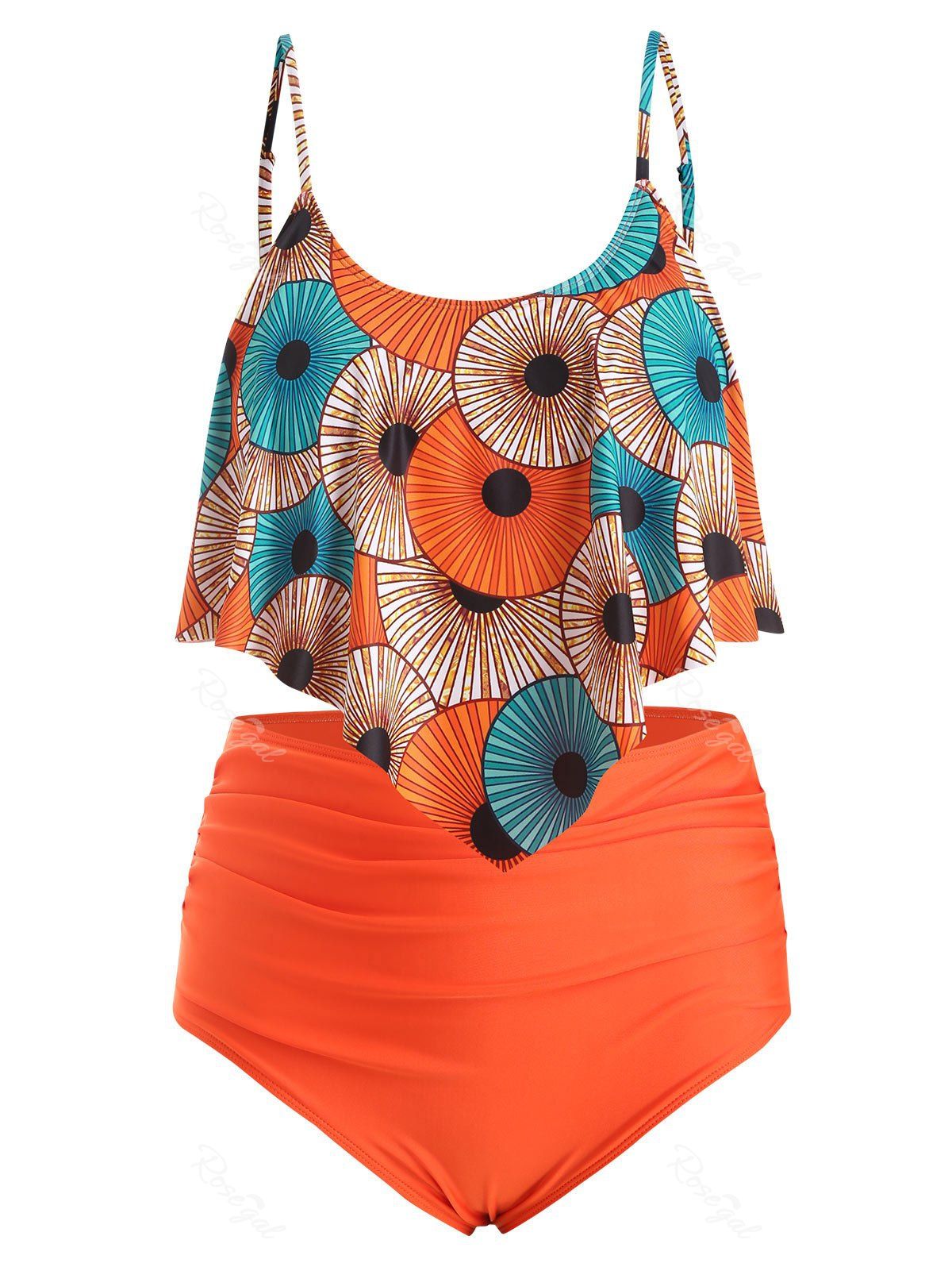 

Plus Size Printed Flounce Ruched Tankini Swimsuit, Orange