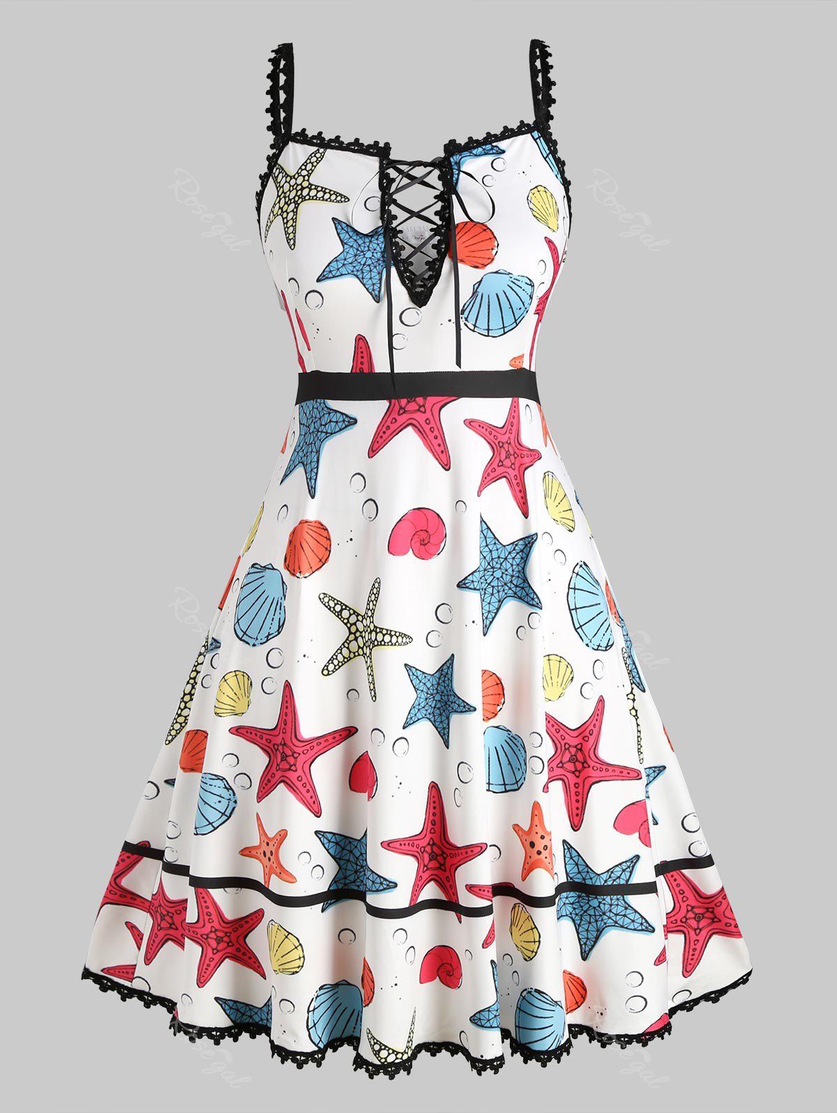 

Lace Trim Starfish Shell Print Lace Up Plus Size Dress, White