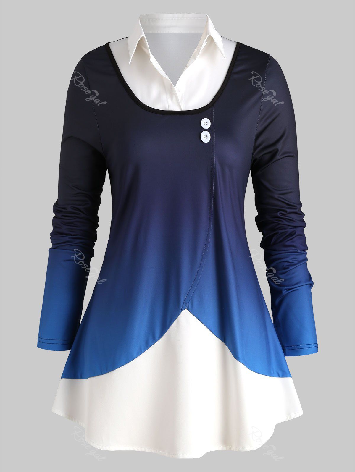 

Plus Size Ombre Mixed-media Long Sleeve Top, Blue