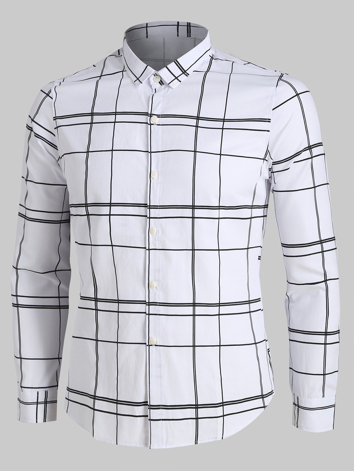 

Long Sleeve Grid Print Button Up Shirt, White